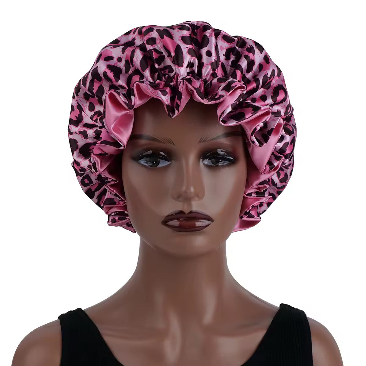 1PC Hair Bonnet Printed Leopard Double Layer Satin Splicing Hair Bonnet