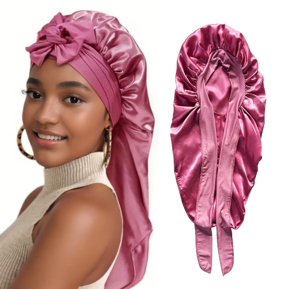 BBMS LONG SATIN BONNET WITH TIE BAND