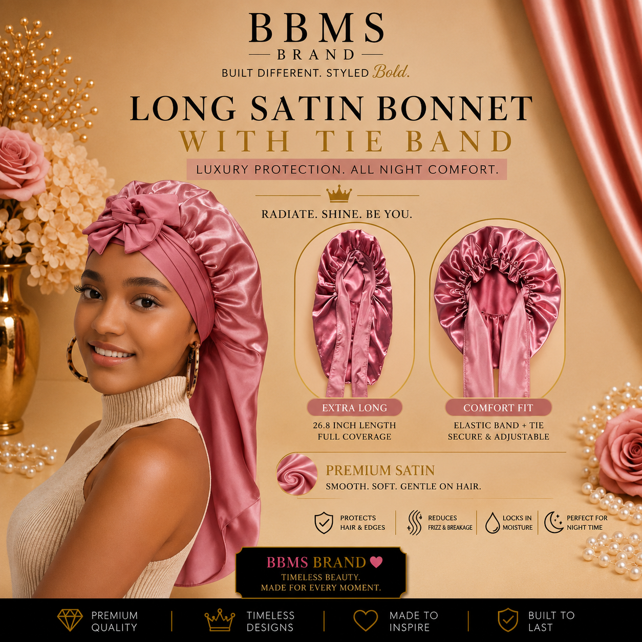 BBMS LONG SATIN BONNET WITH TIE BAND