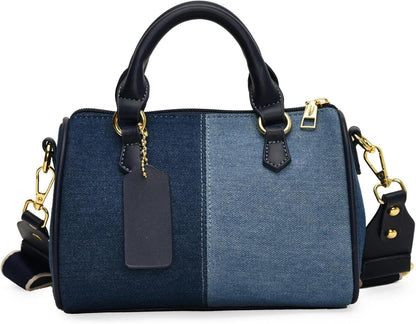 Barrel-shaped Denim MINI Handbag and Purse Women Tote Shoulder Crossbody Bag with Guitar Adjustable Shoulder Strap