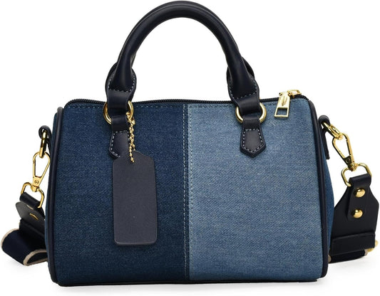 Barrel-shaped Denim MINI Handbag and Purse Women Tote Shoulder Crossbody Bag with Guitar Adjustable Shoulder Strap