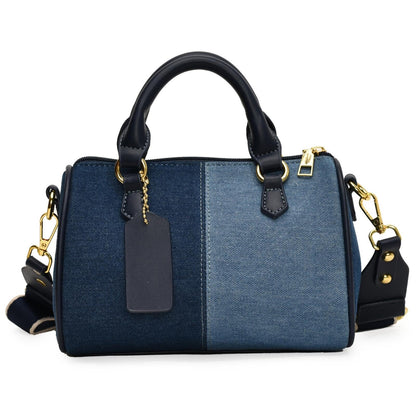 Barrel-shaped Denim MINI Handbag and Purse Women Tote Shoulder Crossbody Bag with Guitar Adjustable Shoulder Strap