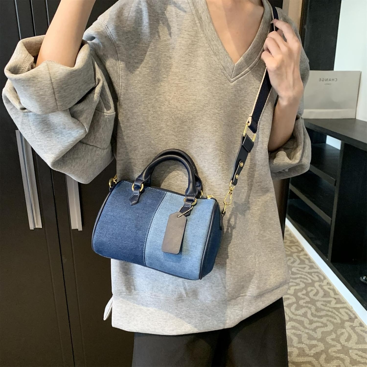 Barrel-shaped Denim MINI Handbag and Purse Women Tote Shoulder Crossbody Bag with Guitar Adjustable Shoulder Strap