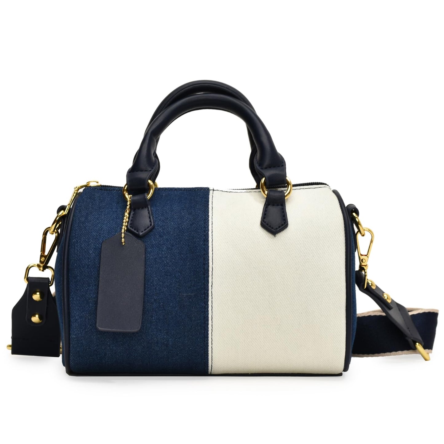 Barrel-shaped Denim MINI Handbag and Purse Women Tote Shoulder Crossbody Bag with Guitar Adjustable Shoulder Strap