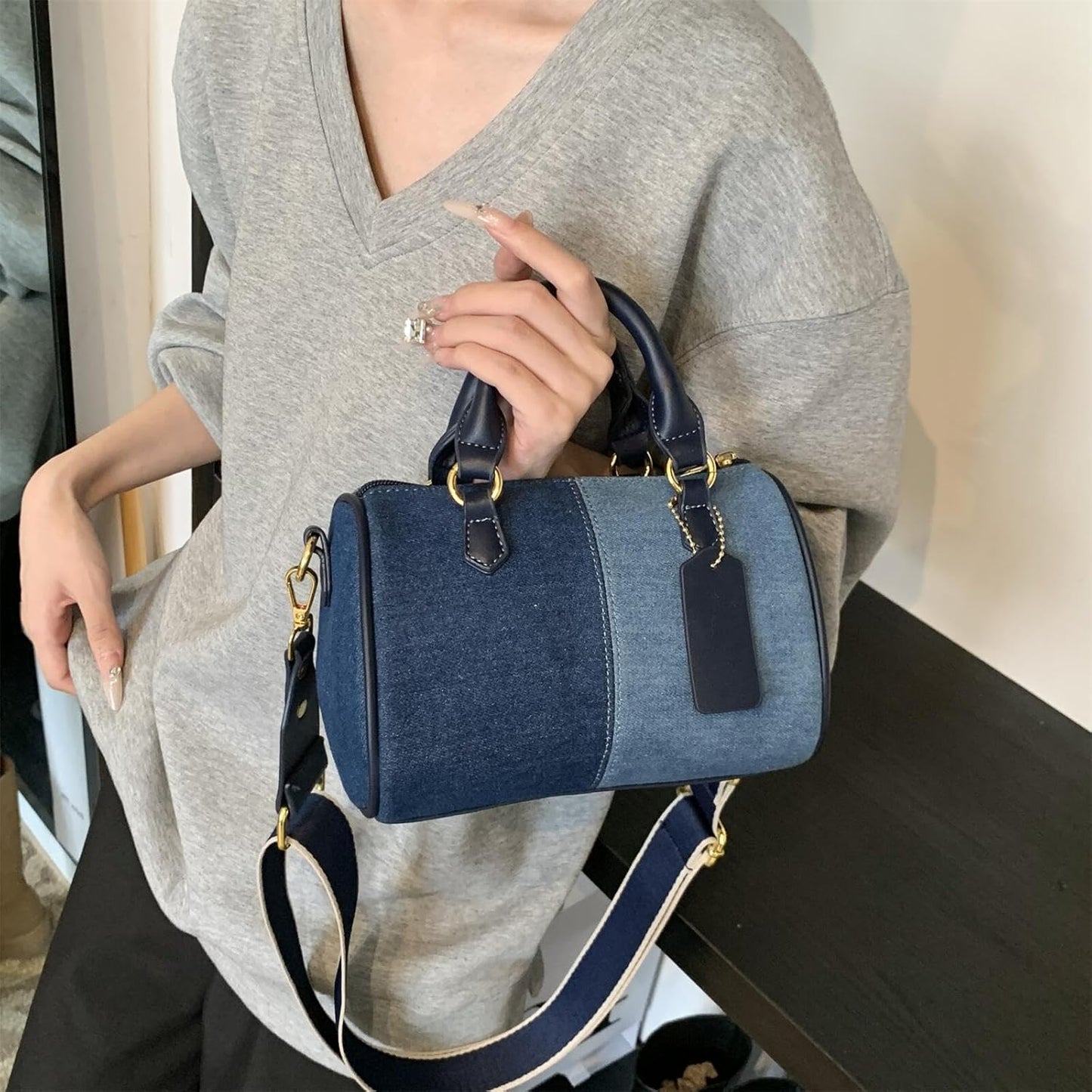 Barrel-shaped Denim MINI Handbag and Purse Women Tote Shoulder Crossbody Bag with Guitar Adjustable Shoulder Strap
