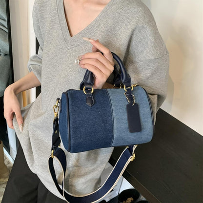 Barrel-shaped Denim MINI Handbag and Purse Women Tote Shoulder Crossbody Bag with Guitar Adjustable Shoulder Strap