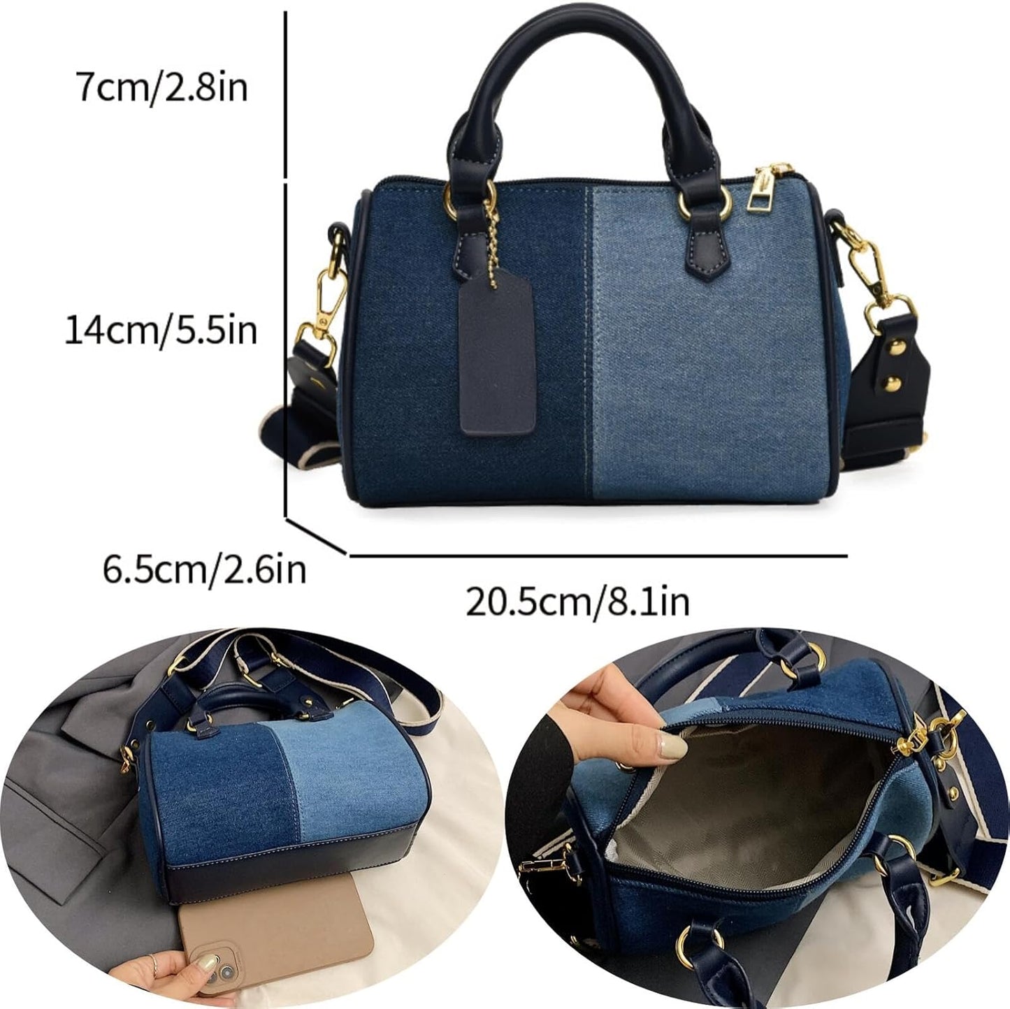 Barrel-shaped Denim MINI Handbag and Purse Women Tote Shoulder Crossbody Bag with Guitar Adjustable Shoulder Strap