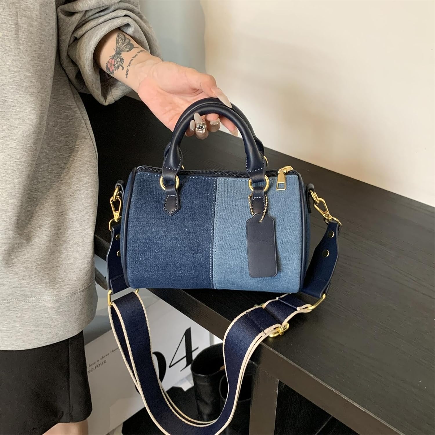 Barrel-shaped Denim MINI Handbag and Purse Women Tote Shoulder Crossbody Bag with Guitar Adjustable Shoulder Strap