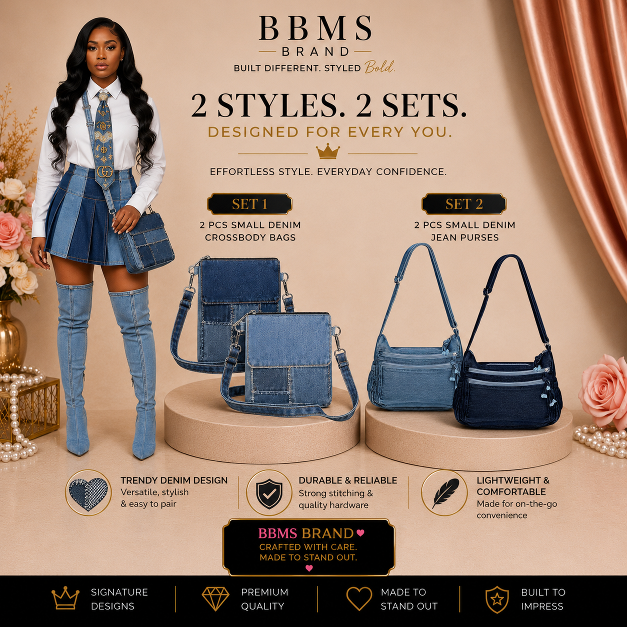 2 Pcs Small Denim Jean Purses Crossbody Bags