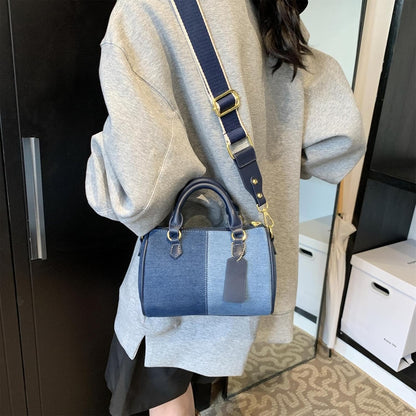 Barrel-shaped Denim MINI Handbag and Purse Women Tote Shoulder Crossbody Bag with Guitar Adjustable Shoulder Strap