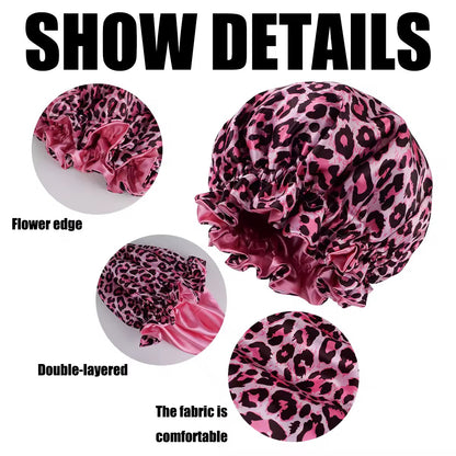 1PC Hair Bonnet Printed Leopard Double Layer Satin Splicing Hair Bonnet