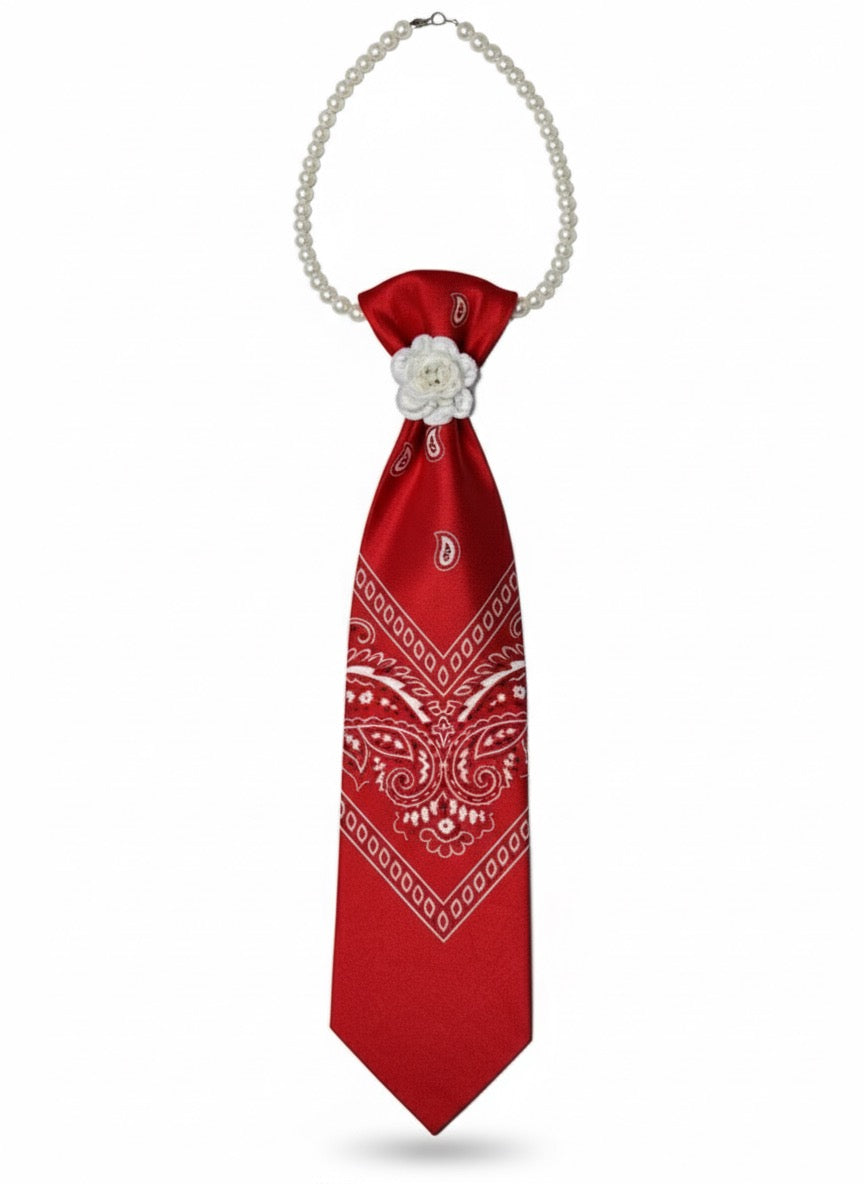 Bandana Print Necklace Tie with Pearl Co